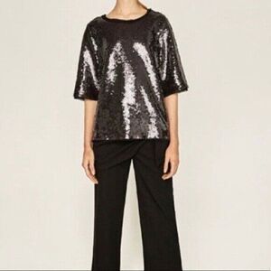 Zara Shirt Black Gunmetal Sequin‎ Short Sleeve Raw Hem Neckline Top Size X-Small